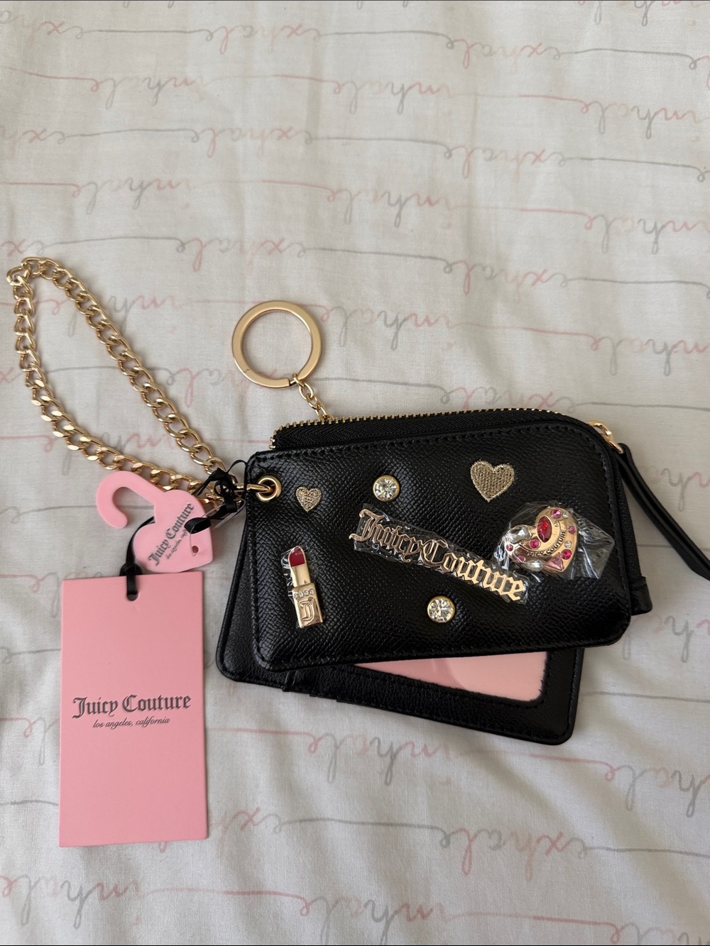 Juicy Couture Black Embellished Zip Card Wallet with Gold Chain